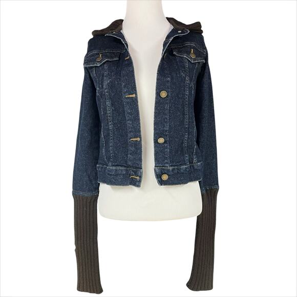 THEORY Kat Indy Denim Dark Wash Trucker Jacket w/ Wool Sweater Hood/Trim Size XS - Picture 1 of 7